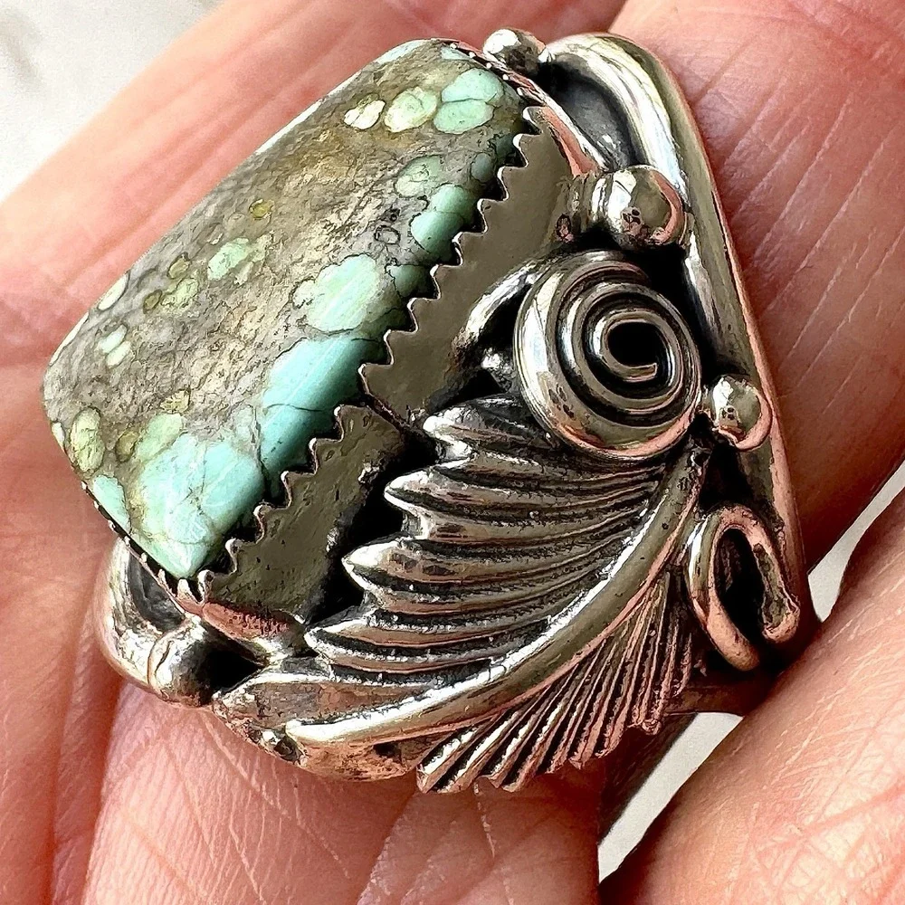 Navajo Mens Ring Sz 11 Turquoise #8 Leaf Feather Signed Morgan Sterling Native